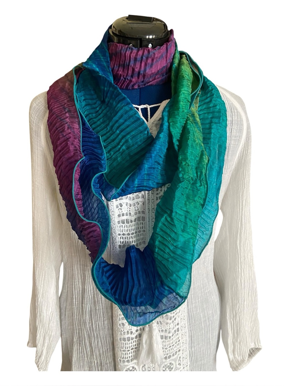Tie Dye Sheer Infinity Scarf Iridescent Blue Green Purple